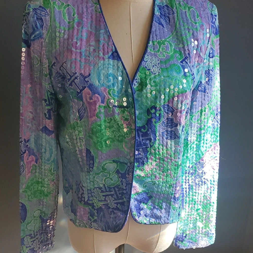 Vtg Sequin-Embellished Lavender & Aqua Women's Blazer - Picture 4 of 17